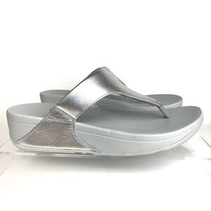 Fitflop Silver Leather Lulu Platform Thong Slip On Sandals Sz 8
